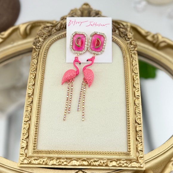 Betsey Johnson Flamingo & Watermelon Statement Earrings – Pink Perfection! - Picture 1 of 5